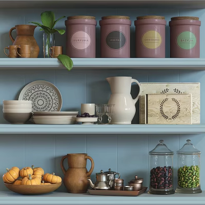 Cozy Kitchen Shelves Display With Various Containers And Decor 3d model