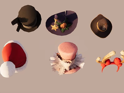 Various Fashionable Hats With Bow Flower Lace Feather Santa And Mickey Ear Details 3d model