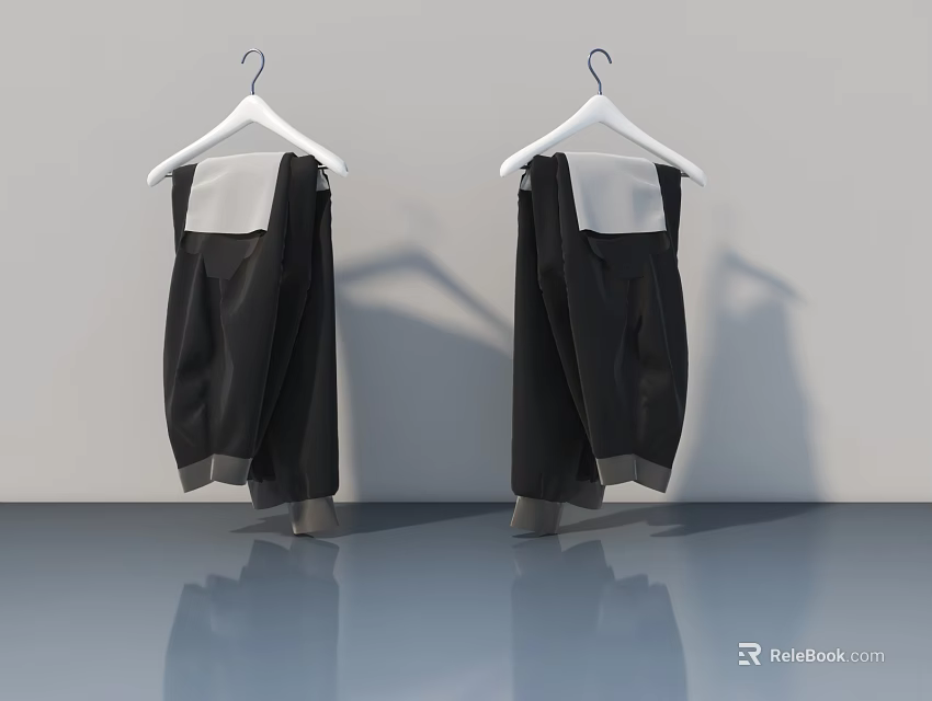 Modern Hinged Door With White Hangers Black Clothes Gray Wall Sleek Floor And Reflections 3d model 