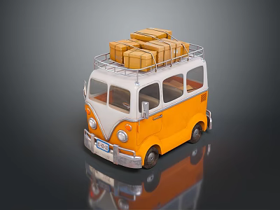 Orange And White Bus With Roof Rack Carrying Brown Boxes On Top 3d model