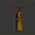 Fantasy Wizard Character With Yellow Robe Red Pointed Hat Long Beard And Wooden Staff