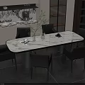 Modern Oval Dining Table Set with Marble Top and Six Black Chairs in Sleek Design