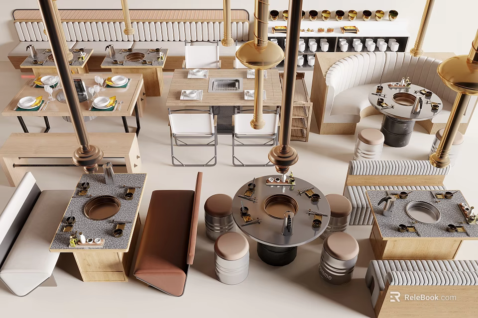 Multiple Dining Tables in Modern Restaurant Interior With Wooden Chairs Hanging Lights and Decorative Elements 3d model