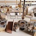 Multiple Dining Tables in Modern Restaurant Interior With Wooden Chairs Hanging Lights and Decorative Elements 3d model