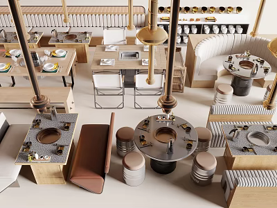 Multiple Dining Tables in Modern Restaurant Interior With Wooden Chairs Hanging Lights and Decorative Elements 3d model