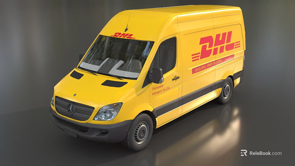 Yellow Mercedes Benz DHL Delivery Van Featuring Red Logo On Side Exterior 3d model 