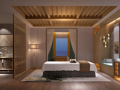 Elegant SPA Sauna Interior Design With Wooden Ceiling Massage Bed Window View And Soft Lighting 3d model