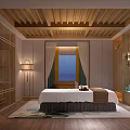 Elegant SPA Sauna Interior Design With Wooden Ceiling Massage Bed Window View And Soft Lighting