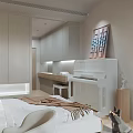 Modern Bedroom Interior With Wooden Textured Wall King Size Bed And Floating Shelves