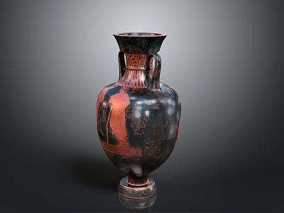 Antique Black Red Sculpted Vase With Two Handles And Intricate Carved Patterns 3d model