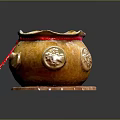 Traditional Yellow Brown Ceramic Jar With Decorative Carvings Red String And Wooden Base