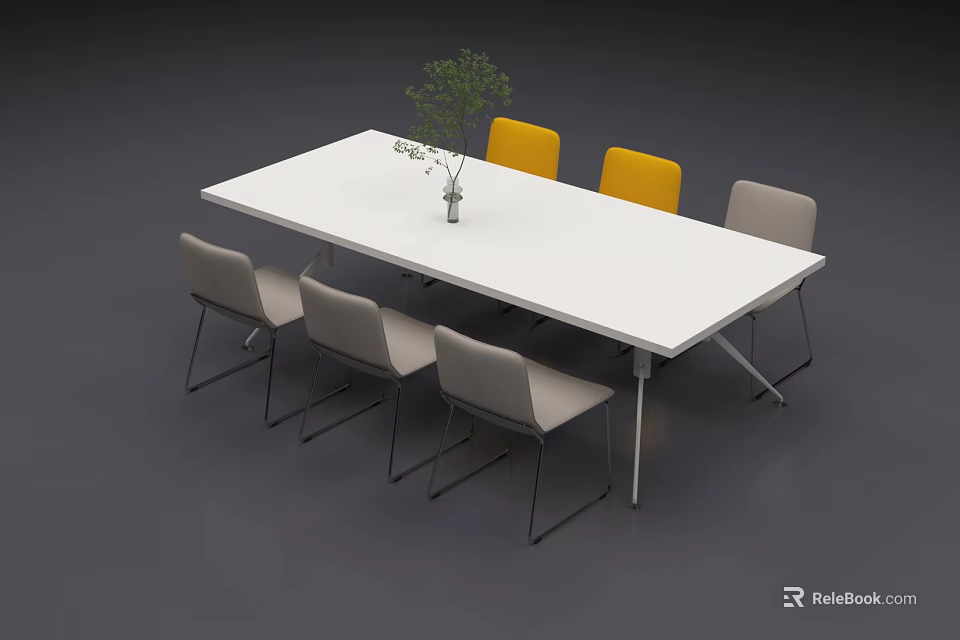 Modern White Conference Table with Yellow and Gray Chairs and Green Plant Vase 3d model 