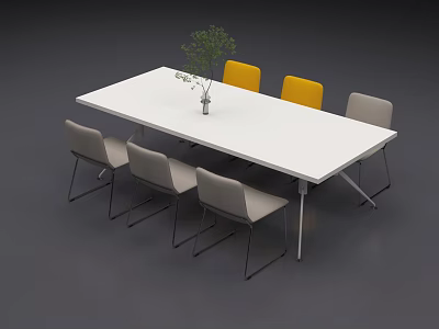 Modern White Conference Table with Yellow and Gray Chairs and Green Plant Vase 3d model