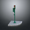 Traffic Light With Green Pole And Concrete Base Featuring Red Signal Light