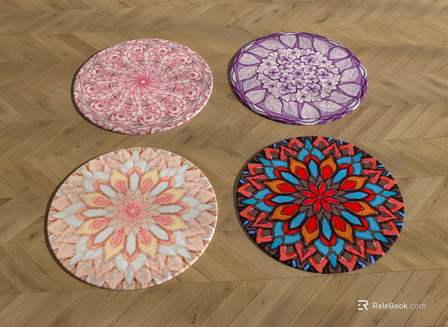 Colorful Round Rugs with Intricate Mandala Patterns on Wooden Floor 3d model 