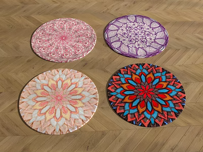 Colorful Round Rugs with Intricate Mandala Patterns on Wooden Floor 3d model