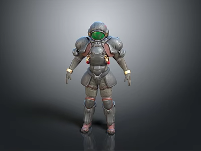 Standing Humanoid Figure in Metallic Gray Armor with Green Visor and Red Details 3d model