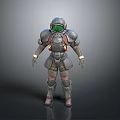 Standing Humanoid Figure in Metallic Gray Armor with Green Visor and Red Details