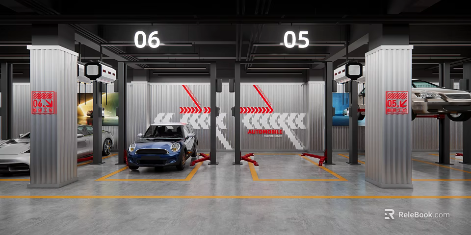 4S Shop Car Service Workshop with Lifts Parking Lines and Vehicle 3d model 