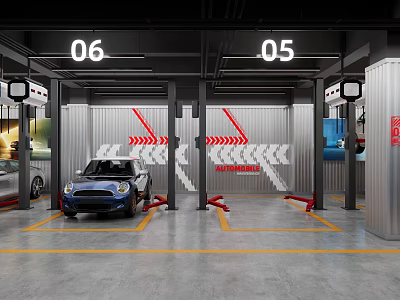 4S Shop Car Service Workshop with Lifts Parking Lines and Vehicle 3d model