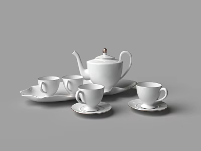 White Porcelain Tea Set with Teapot Cups Saucers and Serving Tray 3d model