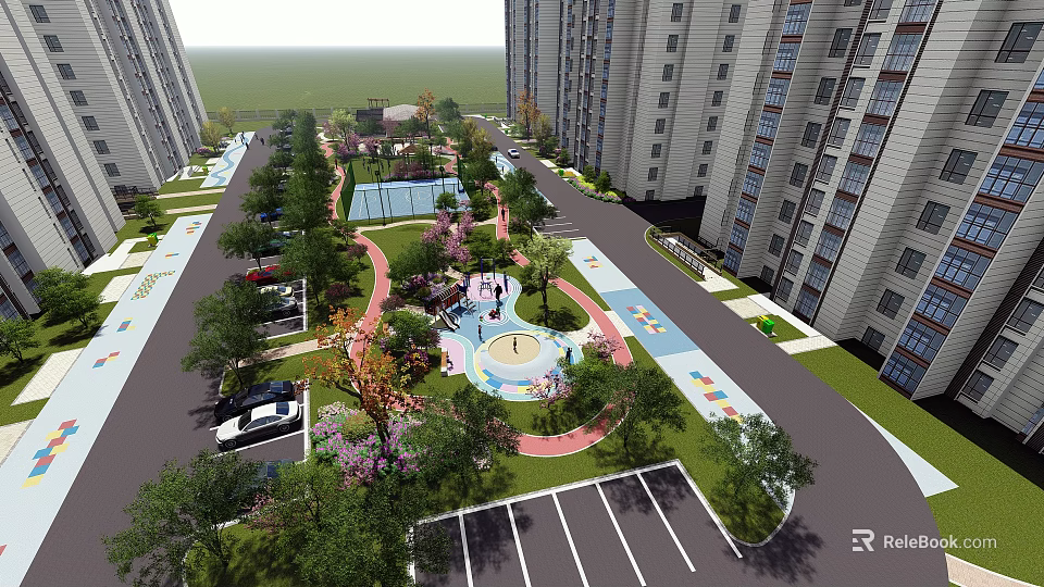Residential Landscape With High Rise Buildings Green Trees And Children Play Area 3d model 