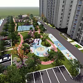 Residential Landscape With High Rise Buildings Green Trees And Children Play Area