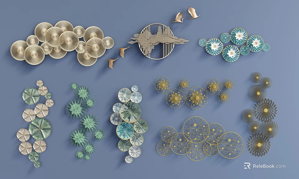 Modern Wall Decor With Gold Green Circular Floral And Geometric Elements 3d model