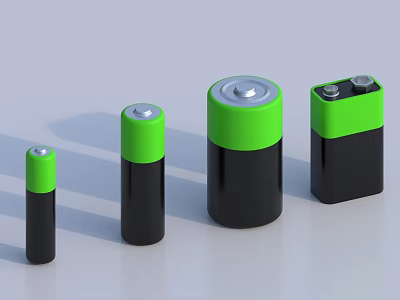 Black Green Batteries In Various Sizes Essential For Daily Electrical Appliances 3d model
