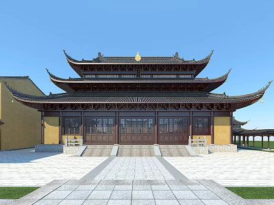 Traditional Ancient Chinese Architecture With Tiered Roofs Yellow Walls Stone Steps And Open Courtyard 3d model