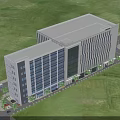 Modern Office Building Exterior Design With Glass Windows Multiple Floors And Green Lawn