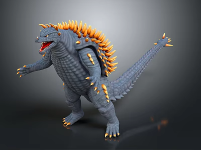 3D Monster Model With Gray Body Orange Spikes Open Mouth And Yellow Claws 3d model