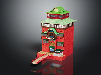Cartoon Scene of Vibrant Red Building With Green Roof Balconies and Small Bridge 3d model