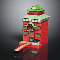 Cartoon Scene of Vibrant Red Building With Green Roof Balconies and Small Bridge