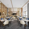 Modern Restaurant Interior With Blue White Chairs Gold Grilles And Pendant Lights