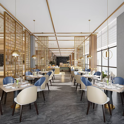 Modern Restaurant Interior With Blue White Chairs Gold Grilles And Pendant Lights 3d model