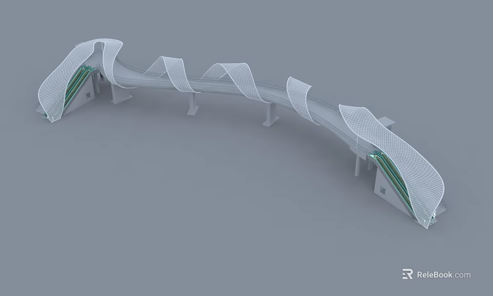 Modern White Curved Bridge With Mesh Structure And Green Accents 3d model 