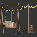Outdoor Backyard Setup With Wicker Swing Fire Pit String Lights And Wooden Frame