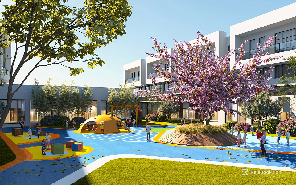 Colorful Playground With Yellow Play Structure Children Playing Green Lawn And Purple Flowering Trees 3d model 