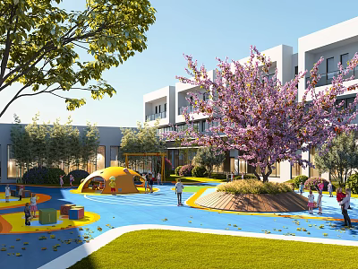 Colorful Playground With Yellow Play Structure Children Playing Green Lawn And Purple Flowering Trees 3d model