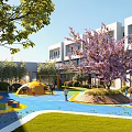 Colorful Playground With Yellow Play Structure Children Playing Green Lawn And Purple Flowering Trees