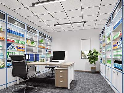 Medical Storage Room Interior Featuring Shelves Desk Computer And Green Plant 3d model