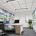 Medical Storage Room Interior Featuring Shelves Desk Computer And Green Plant