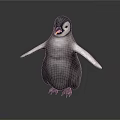 Baby Penguin Standing With Outstretched Wings Gray Body White Belly Yellow Beak On Dark Surface