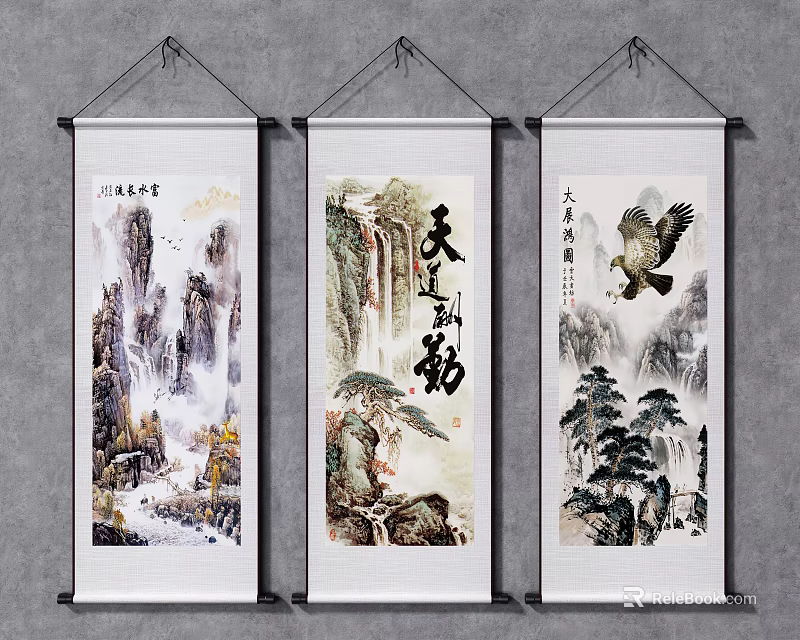 Traditional Chinese Scroll Art Featuring Mountain Landscape Waterfall Eagle and Calligraphy 3d model