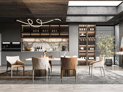 Modern Restaurant Interior Design With Open Layout Dining Table Chairs And Chandelier 3d model