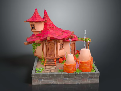 Cartoon House Scene With Red Pointed Roof Brown Walls Green Vines And Orange Towers 3d model