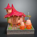 Cartoon House Scene With Red Pointed Roof Brown Walls Green Vines And Orange Towers