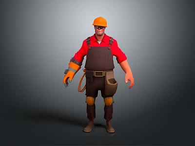 3D Construction Worker Character With Orange Helmet Red Shirt And Brown Overalls Tool Belt 3d model