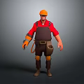 3D Construction Worker Character With Orange Helmet Red Shirt And Brown Overalls Tool Belt
